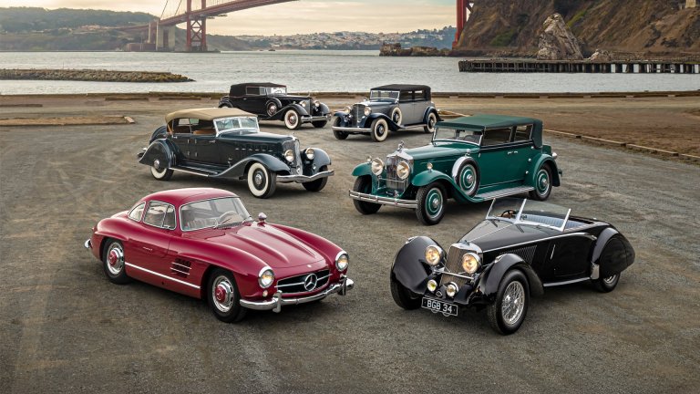 A group of cars that will soon be auctioned by the San Francisco Academy of Art University.