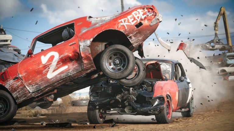 Wreckfest 2 screenshot of one car hitting the back of another at a 90-degree angle.