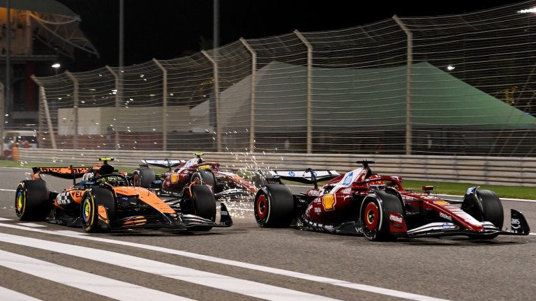 BAHRAIN, BAHRAIN - APRIL 13: Charles Leclerc of Monaco driving the (16) Scuderia Ferrari SF-25 leads Lando Norris of Great Britain driving the (4) McLaren MCL39 Mercedes and Lewis Hamilton of Great Britain driving the (44) Scuderia Ferrari SF-25 on track during the F1 Grand Prix of Bahrain at Bahrain International Circuit on April 13, 2025 in Bahrain, Bahrain. (Photo by Mark Sutton - Formula 1/Formula 1 via Getty Images)