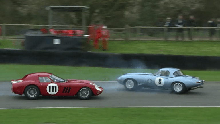 Ferrari 250 GTO and Jaguar E-Type Nearly Collide at Goodwood