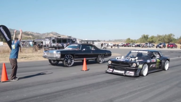 Watch Ken Block’s Hoonicorn Mustang Drag Race the 1,500-HP ‘World’s Fastest Donk’